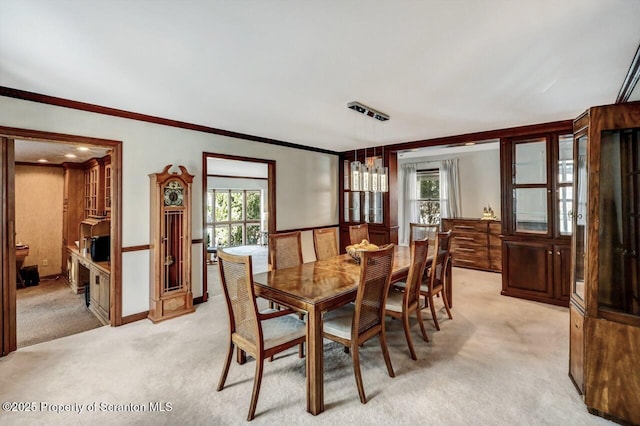 carpeted dining area with crown molding