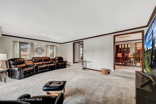 carpeted living room with crown molding