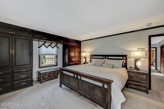 bedroom with light carpet, crown molding, and baseboard heating