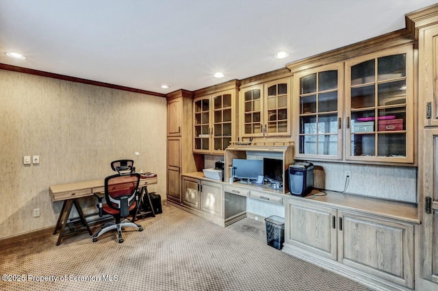 carpeted office featuring built in desk