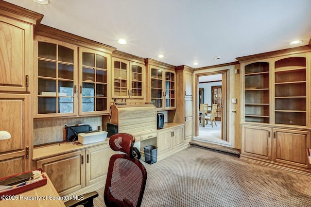 office area featuring ornamental molding and carpet flooring