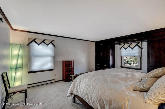 bedroom with light carpet, crown molding, and baseboard heating