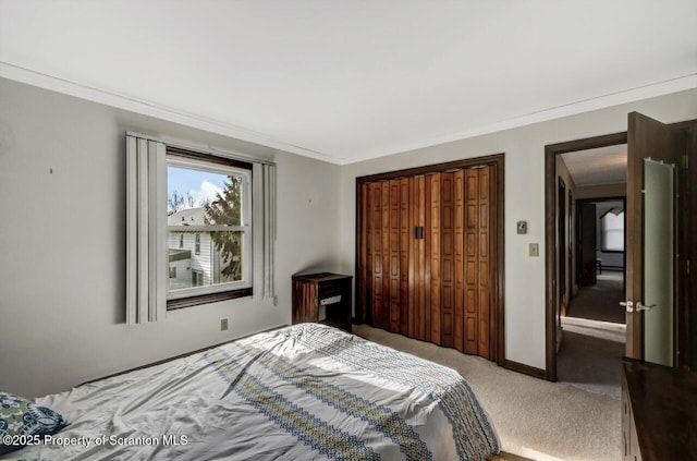 bedroom with crown molding, carpet floors, and a closet