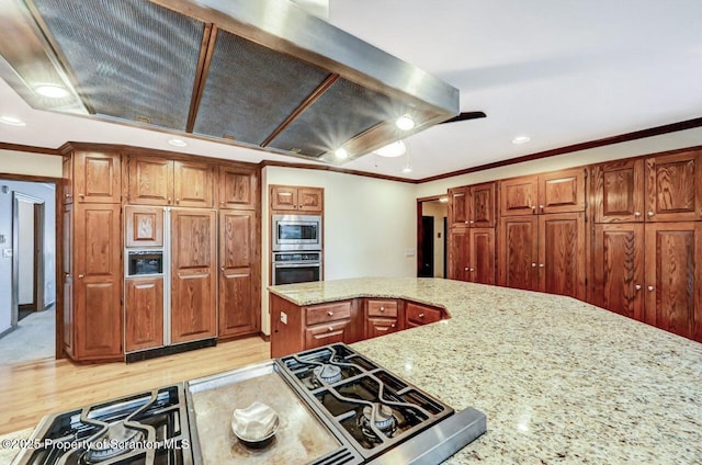 kitchen with crown molding, island range hood, light stone countertops, and appliances with stainless steel finishes