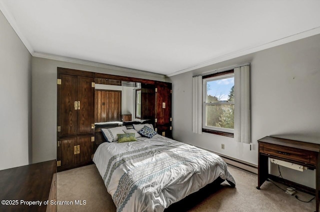 bedroom with light colored carpet and ornamental molding