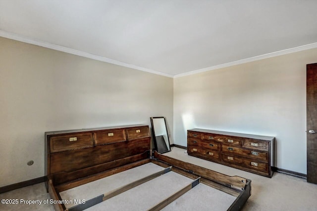 bedroom with crown molding and light carpet