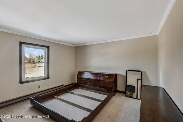 bedroom with a baseboard heating unit, ornamental molding, and light colored carpet