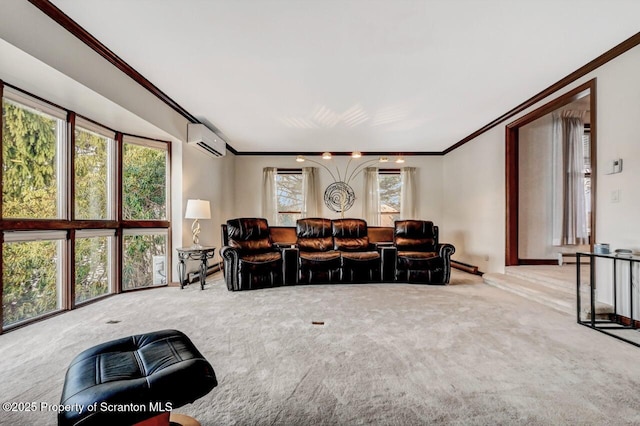 carpeted living room featuring crown molding and a wall mounted air conditioner