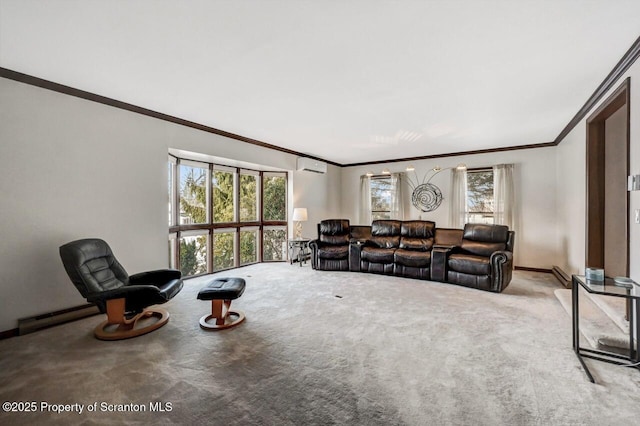 carpeted living room with a baseboard heating unit, ornamental molding, a healthy amount of sunlight, and a wall mounted air conditioner