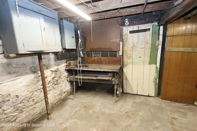 unfinished basement featuring electric panel