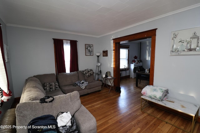 living room featuring wood finished floors, a wealth of natural light, and ornamental molding