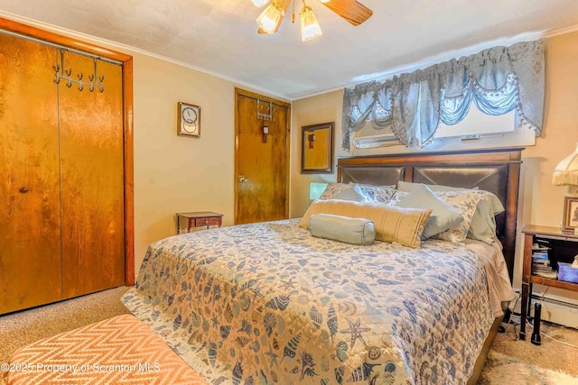 bedroom featuring crown molding, ceiling fan, and baseboard heating