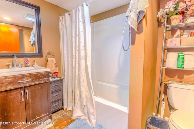 full bathroom with vanity, tile patterned flooring, toilet, and shower / bathtub combination with curtain