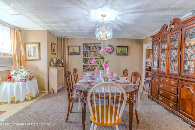 dining room with cooling unit, light colored carpet, and a chandelier