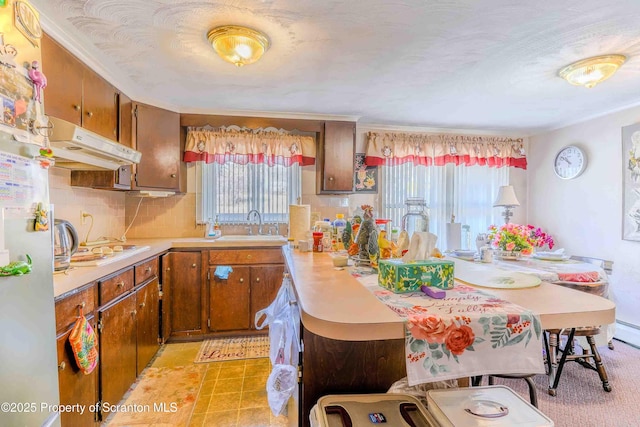 kitchen with white stovetop, plenty of natural light, sink, and backsplash