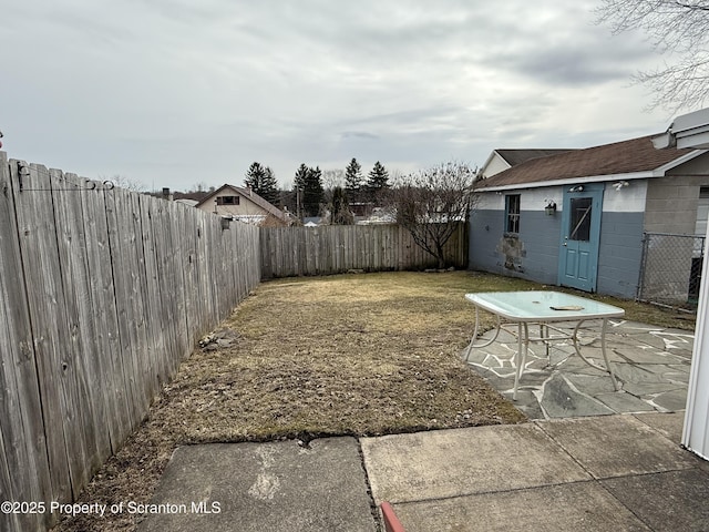 view of yard featuring a fenced backyard and a patio