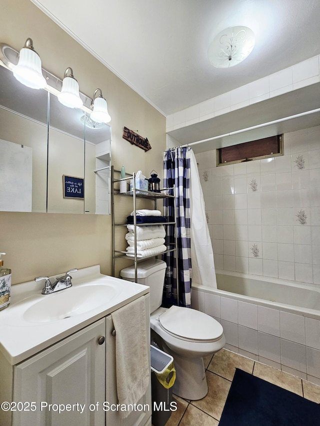 55 Lyman Ln, Gouldsboro, PA 18424 - full bath featuring tile patterned floors, tiled shower / bath combo, vanity, and ornamental molding