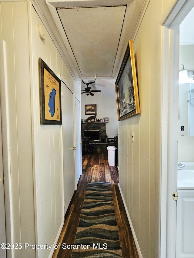 55 Lyman Ln, Gouldsboro, PA 18424 - hall with dark wood-style flooring and attic access