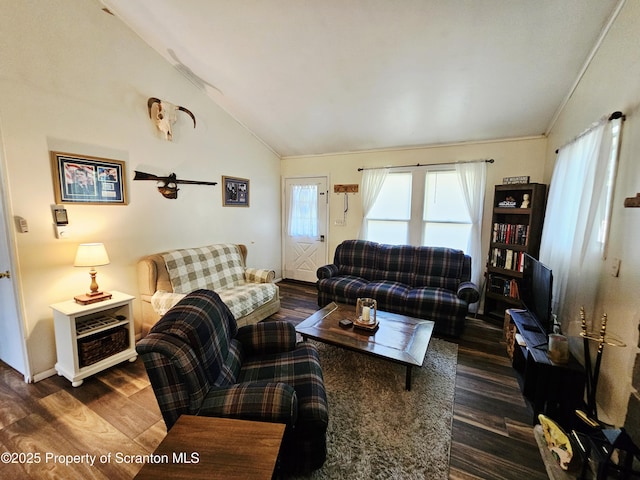 55 Lyman Ln, Gouldsboro, PA 18424 - living area with lofted ceiling, dark wood-style floors, and ornamental molding