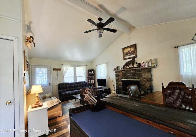 55 Lyman Ln, Gouldsboro, PA 18424 - living area featuring a ceiling fan, dark wood-style flooring, and a stone fireplace
