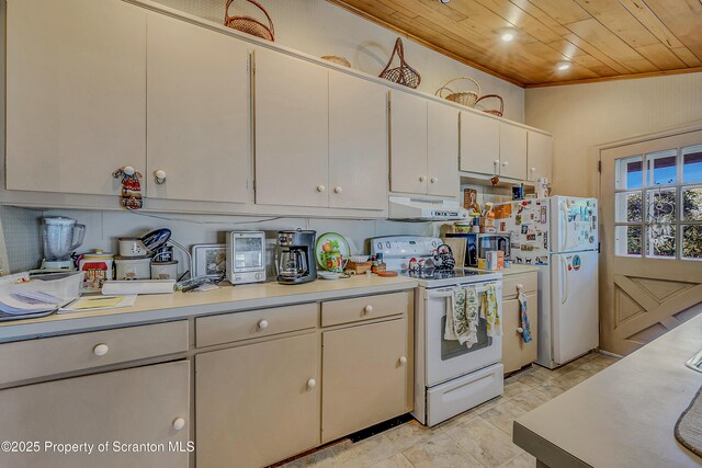 kitchen with white appliances, wood ceiling, light countertops, exhaust hood, and white cabinetry