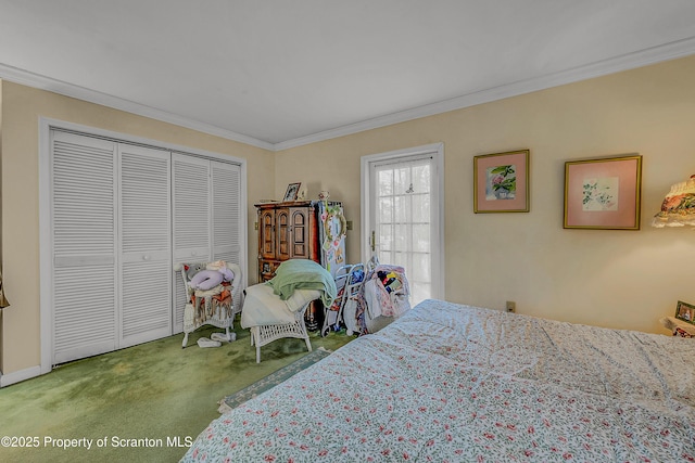 bedroom with ornamental molding, carpet flooring, and a closet