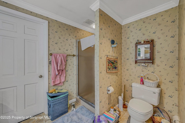 bathroom featuring ornamental molding, a stall shower, wallpapered walls, toilet, and baseboards