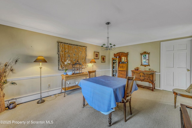 carpeted dining room featuring ornamental molding, a chandelier, and a baseboard radiator