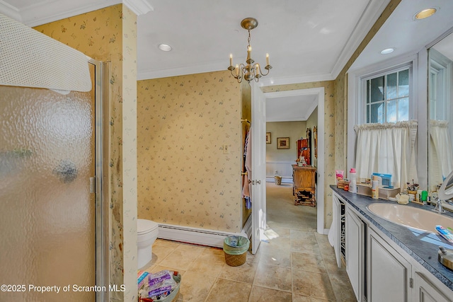 full bath featuring baseboard heating, crown molding, wallpapered walls, a shower stall, and a chandelier
