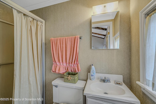 bathroom featuring curtained shower, vanity, and toilet