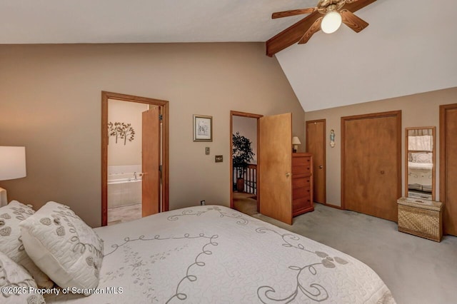 37 S Lehigh River Dr, Clifton Twp, PA 18424 - bedroom with carpet, beamed ceiling, two closets, ensuite bathroom, and high vaulted ceiling