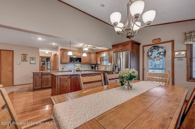 37 S Lehigh River Dr, Clifton Twp, PA 18424 - dining area featuring light wood-type flooring, a chandelier, baseboards, ceiling fan, and recessed lighting