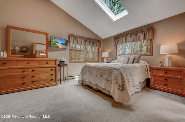 37 S Lehigh River Dr, Clifton Twp, PA 18424 - bedroom featuring light colored carpet, a skylight, baseboards, and high vaulted ceiling
