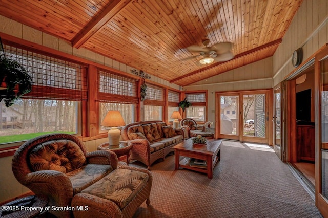 37 S Lehigh River Dr, Clifton Twp, PA 18424 - carpeted living room featuring lofted ceiling, ceiling fan, wood walls, and wooden ceiling