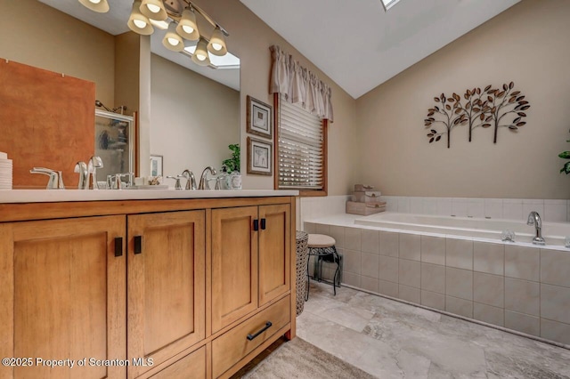 37 S Lehigh River Dr, Clifton Twp, PA 18424 - full bath with lofted ceiling, a shower stall, a bath, and vanity