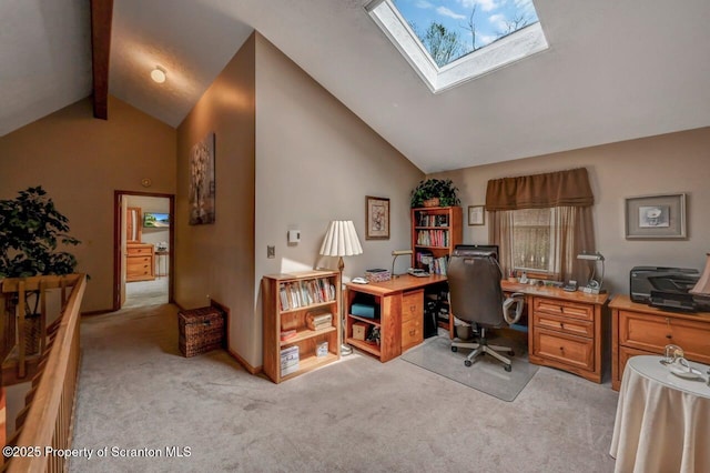 37 S Lehigh River Dr, Clifton Twp, PA 18424 - office space with light colored carpet, a skylight, beamed ceiling, high vaulted ceiling, and healthy amount of natural light