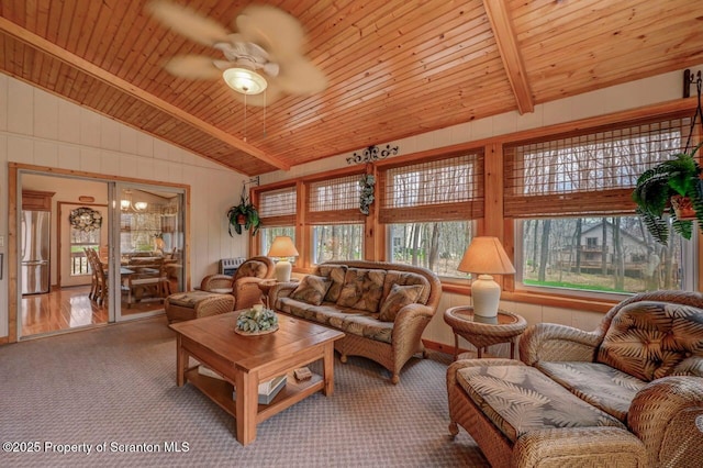 37 S Lehigh River Dr, Clifton Twp, PA 18424 - carpeted living area featuring wood ceiling, ceiling fan, and wood walls
