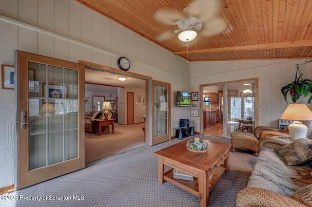 37 S Lehigh River Dr, Clifton Twp, PA 18424 - carpeted living area featuring vaulted ceiling, a ceiling fan, and wood ceiling