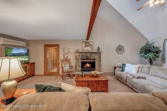 37 S Lehigh River Dr, Clifton Twp, PA 18424 - living area with a wall unit AC, carpet floors, ceiling fan, baseboard heating, and lofted ceiling