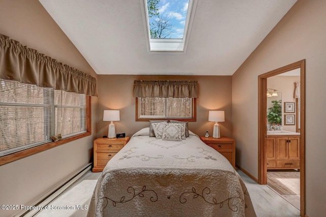 37 S Lehigh River Dr, Clifton Twp, PA 18424 - bedroom featuring lofted ceiling, light colored carpet, baseboard heating, a sink, and a skylight