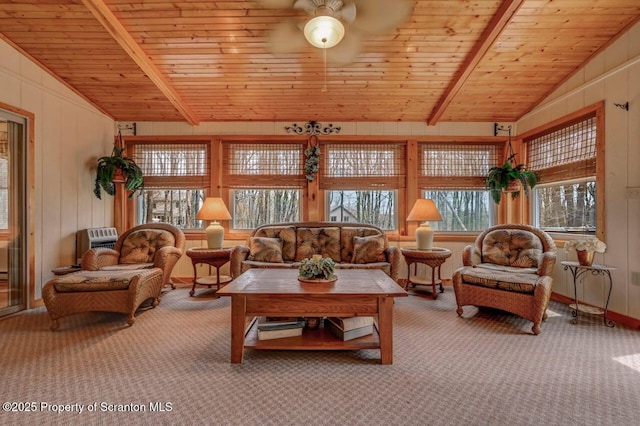 37 S Lehigh River Dr, Clifton Twp, PA 18424 - living area with carpet flooring, wood ceiling, and a ceiling fan