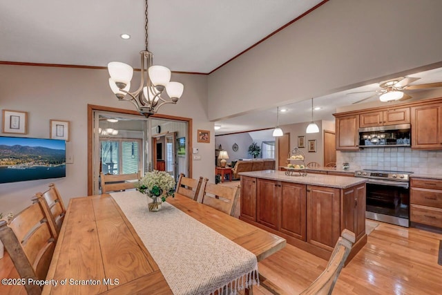 37 S Lehigh River Dr, Clifton Twp, PA 18424 - dining area with a chandelier, light wood-style flooring, crown molding, recessed lighting, and ceiling fan