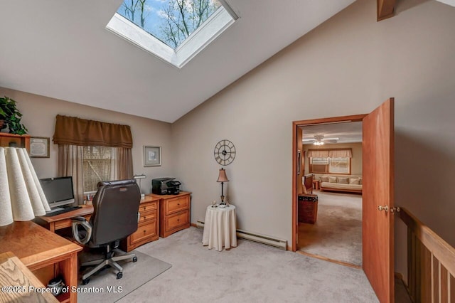 37 S Lehigh River Dr, Clifton Twp, PA 18424 - home office with light colored carpet, plenty of natural light, high vaulted ceiling, and a baseboard radiator