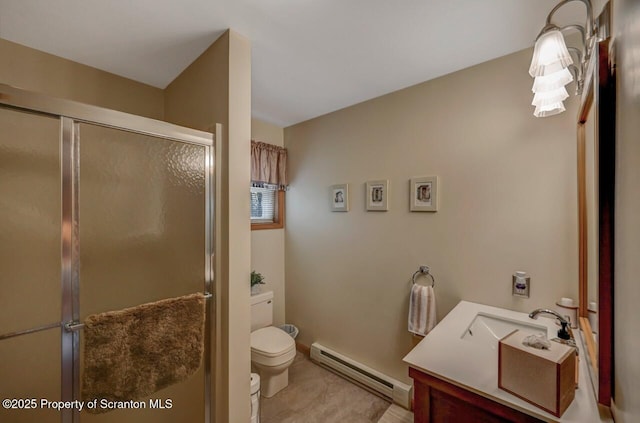 37 S Lehigh River Dr, Clifton Twp, PA 18424 - full bathroom with a baseboard heating unit, toilet, a shower stall, vanity, and baseboards