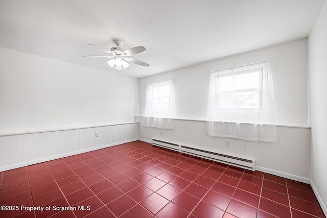 609 Landmesser Ave, West Hazleton, PA 18202 - unfurnished room with baseboard heating, ceiling fan, and a wainscoted wall