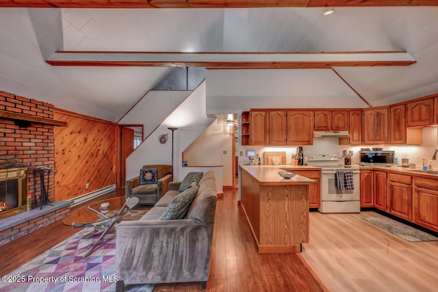 3222 Bluebird Dr, Bushkill, PA 18324 - kitchen with stainless steel microwave, light wood finished floors, under cabinet range hood, and electric range