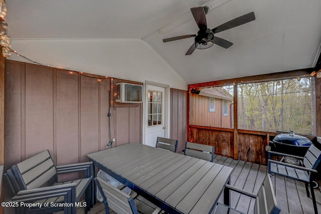 3222 Bluebird Dr, Bushkill, PA 18324 - deck featuring a wall mounted air conditioner, outdoor dining area, and a ceiling fan