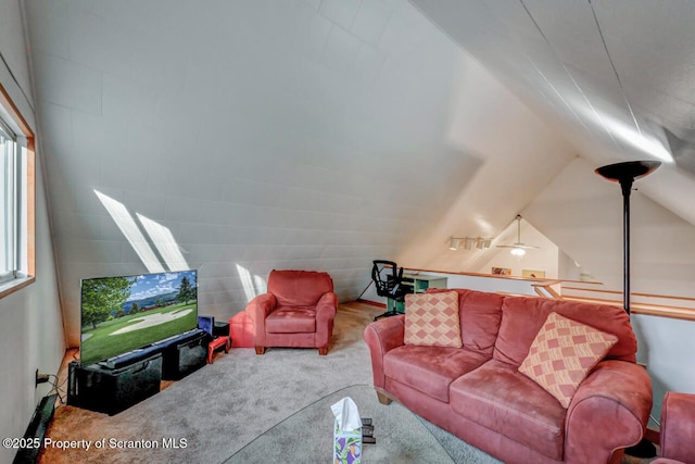 3222 Bluebird Dr, Bushkill, PA 18324 - carpeted living area featuring lofted ceiling