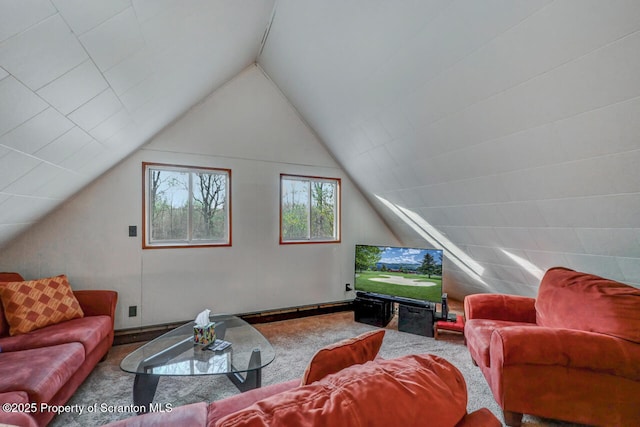 3222 Bluebird Dr, Bushkill, PA 18324 - living area with lofted ceiling and carpet