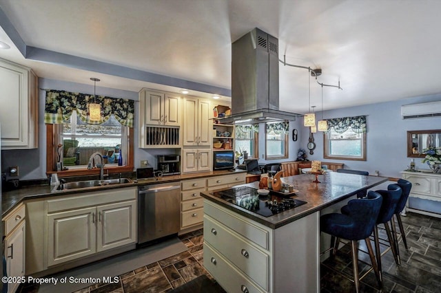 kitchen with island exhaust hood, stainless steel dishwasher, a center island, sink, and a kitchen bar